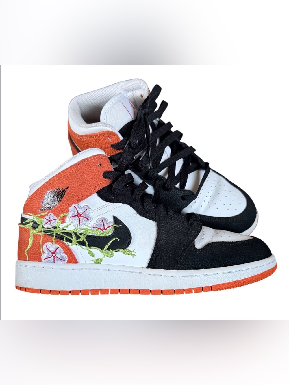 Nike Air Jordan 1 Mid (GS) 'Floral' White Black Orange DQ8390-100 Youth Size 6.5